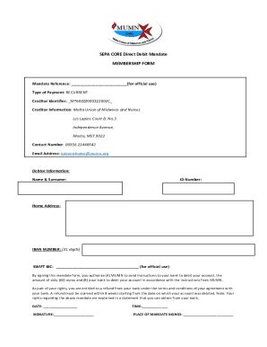 Fillable Online Sepa Core Direct Debit Mandate Membership Form Fax