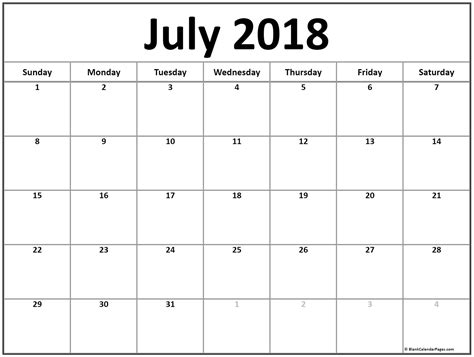 July 2018 Calendar Free Printable Monthly Calendars