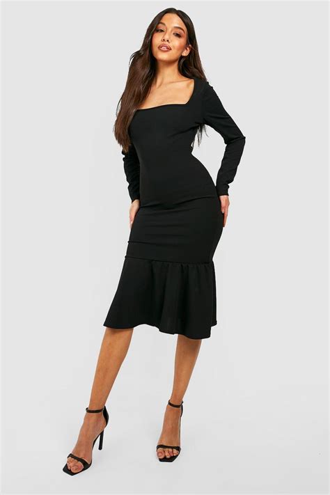 Square Neck Long Sleeve Pep Hem Midi Dress Boohoo