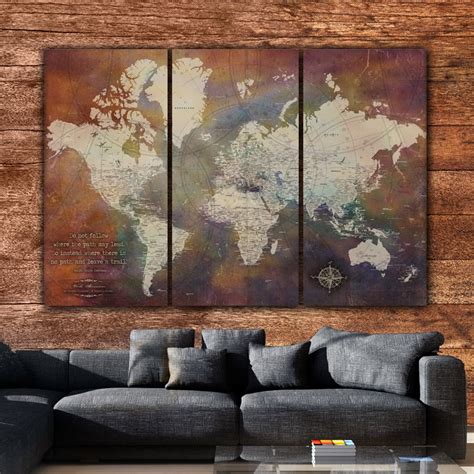 Detailed Collaged Push Pin Travel Map Huge 3 Panel Set Push Pin Map World Canvas Map Travel