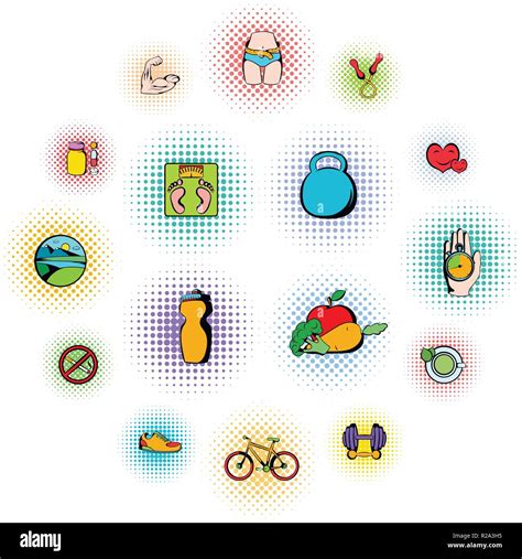 Healthy Lifestyle Icons Set In Comics Style Isolated On White Stock