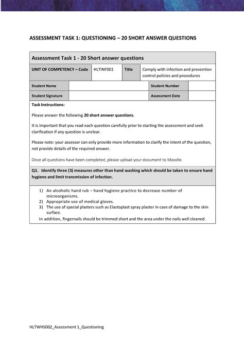 Hltinf 001 Assessment Task 1 Questioning Assessment Task 1 Questioning 20 Short Answer