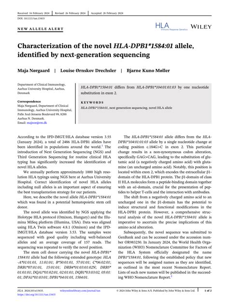 Characterization Of The Novel HLADPB1 1584 01 Allele Identified By