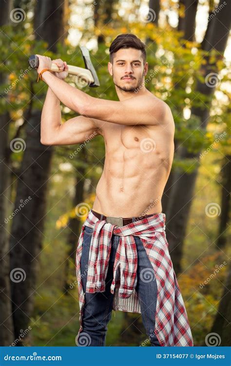 Young Man Working With Axe Stock Image Image Of Professional 37154077