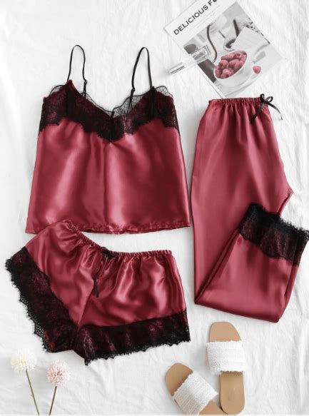 Lace Insert Bowknot Silky Three Pieces Pajama Set Red Wine Pajama Set