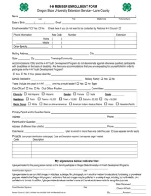 Fillable Online Extension Oregonstate 4 H MEMBER ENROLLMENT FORM Oregon