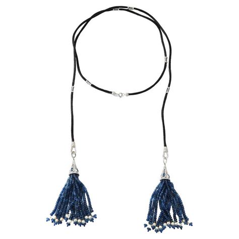 Sapphire And Diamond Lariat Tassel Necklace With Freshwater Pearls For Sale At 1stdibs