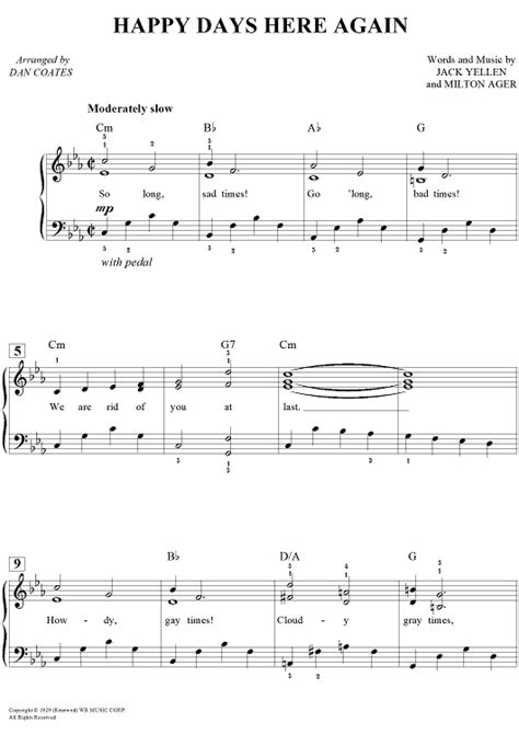 Happy Days Are Here Again" Sheet Music for Easy Piano/Vocal/Chords ...