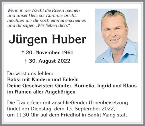 Traueranzeigen Von J Rgen Huber Allg Uer Zeitung