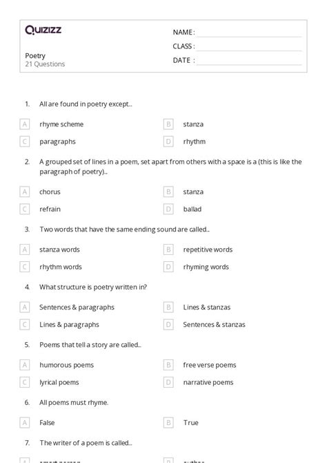 Poetry Worksheets For Th Grade On Quizizz Free Printable