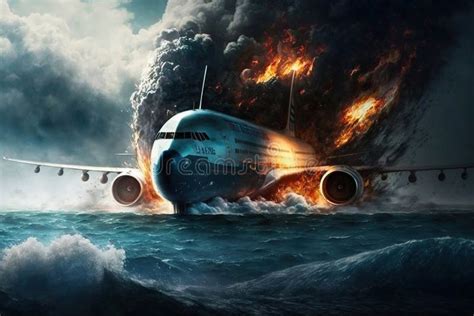 Plane on Fire Makes a Forced Landing in the Sea, Illustration Generated ...