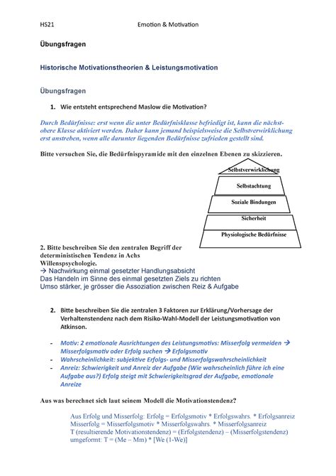 Vorlesung L Sungen Zu Fragen Hs Emotion Motivation Bungsfragen