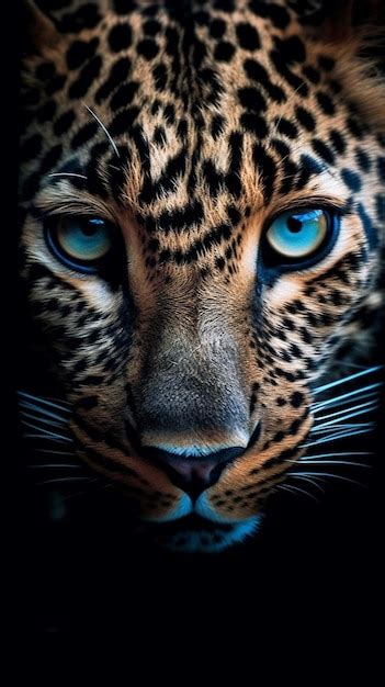 Un Leopardo Con Ojos Azules Y Fondo Negro Foto Premium