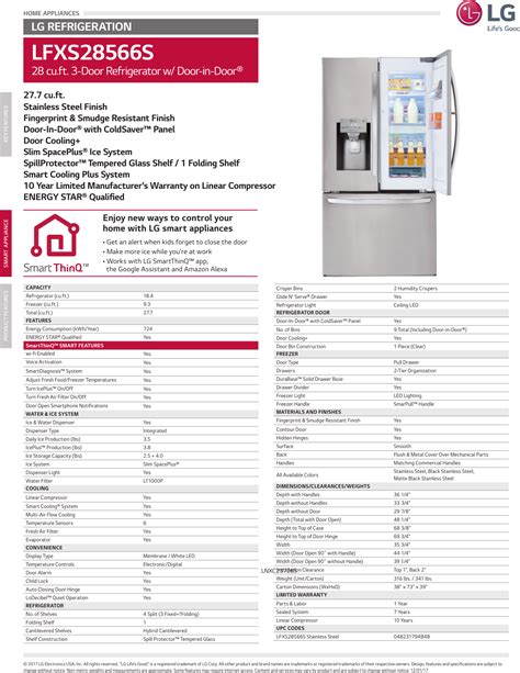 LG LFXS28566S User Manual Specification Spec Sheet