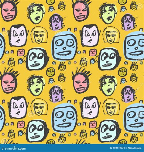 Doodles faces pattern stock vector. Illustration of character - 102149970