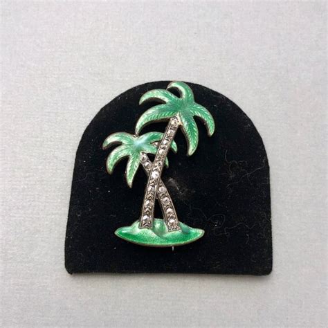 Vintage Enamel Marcasite Palm Tree Brooch Gem