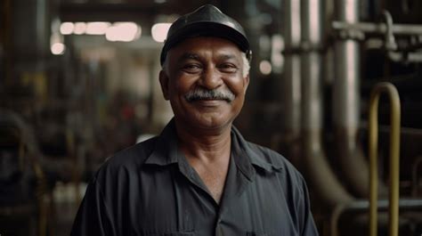 Premium Photo A Smiling Senior Indian Male Factory Worker Standing In