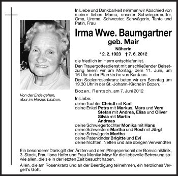 Traueranzeigen Von Irma Baumgartner Trauer Bz