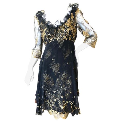 Zandra Rhodes London For Saks Fifth Avenue 80s Gold Lace Ruffled Dress For Sale At 1stdibs