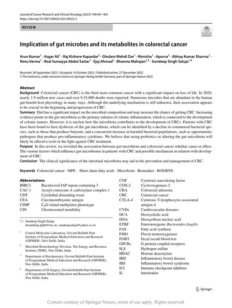 Implication Of Gut Microbes And Its Metabolites In Colorectal Cancer