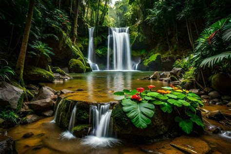 Beautiful Waterfall In Tropical Forest AI Generated 32259091 Stock