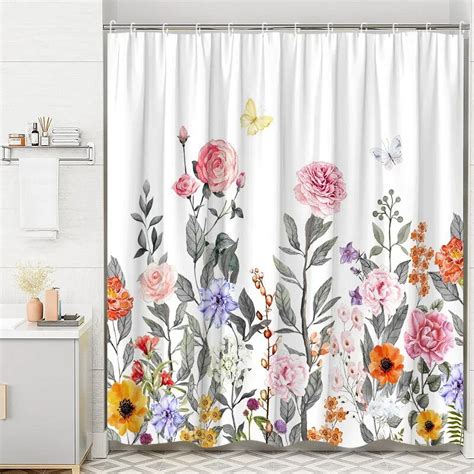 Spring Floral Shower Curtain With Greenery Leaves Butterfly Hummingbird