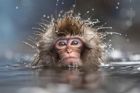 A Monkey Playing In A Hot Spring Of Water Monkey Bathing In Hot Water