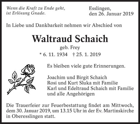 Traueranzeigen Von Waltraud Schaich Zeit Des Gedenkens De