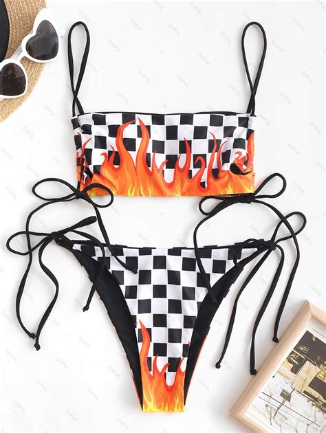 Zaful Checkered Flame Print Lace Up String Bikini Swimwear In Black