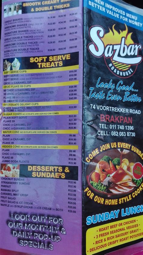 Menu At Sazbar Roadhouse Brakpan Brakpan