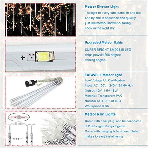 EAGWELL Meteor Shower Lights Outdoor 20 Inch 10 Tube 540 LEDs White