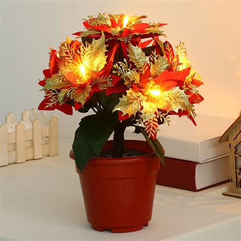 Holloyiver Lighted Poinsettias Artificial Christmas Flowers In Pots