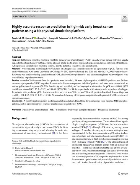 PDF Highly Accurate Response Prediction In High Risk Early Breast