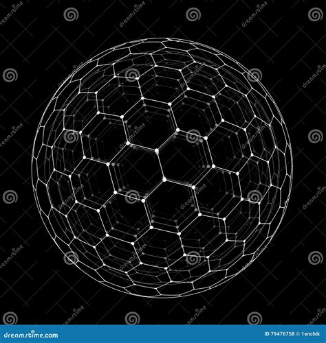 Vector Hexagonal Grid Buckyball Sphere Isolated On Black Background