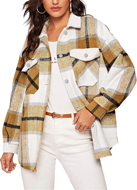 Women S Casual Wool Blend Plaid Button Down Long Sleeve Shacket Jacket Coat Khaki X Small