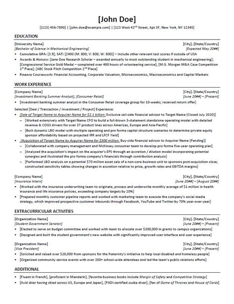 Investment Banking Resume Template And Example X Ebitda