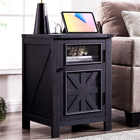 T Tream Farmhouse Wooden Nightstand With Charging Station And Storage