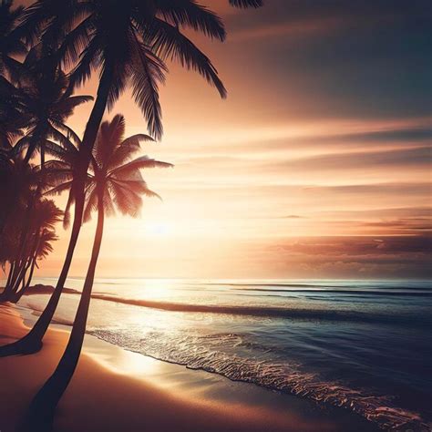 Premium AI Image | A beach at sunset with palm trees and a sunset in ...