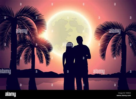 Couple An Paradise Palm Beach At Full Moon Vector Illustration Eps10