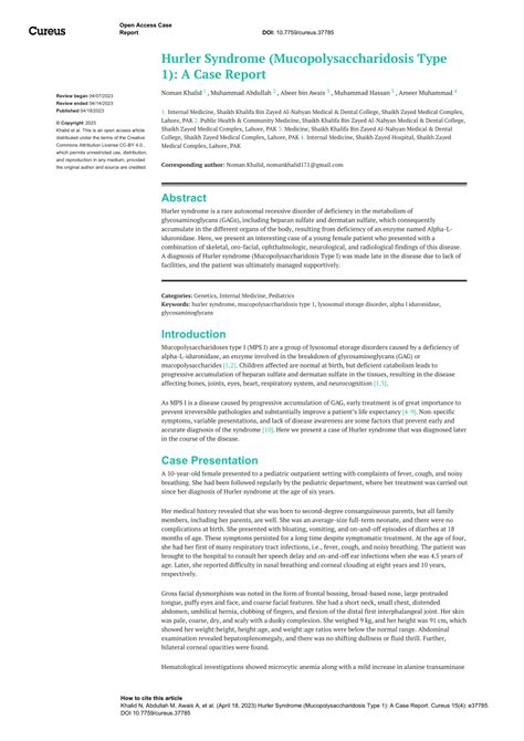 Pdf Hurler Syndrome Mucopolysaccharidosis Type 1 A Case Report