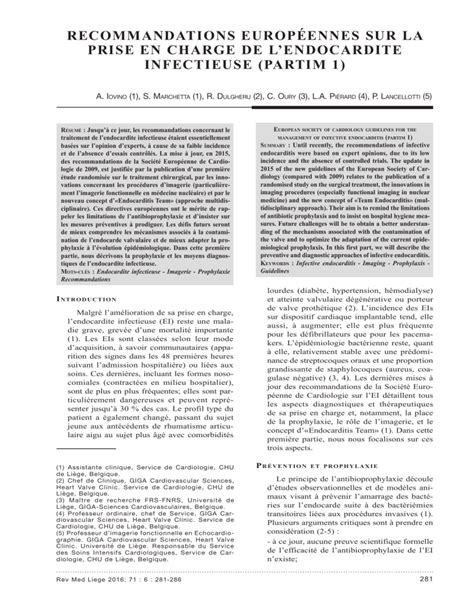 Recommandations EuropÉennes Sur La Prise En Charge De L’endocardite Infectieuse Partim 1