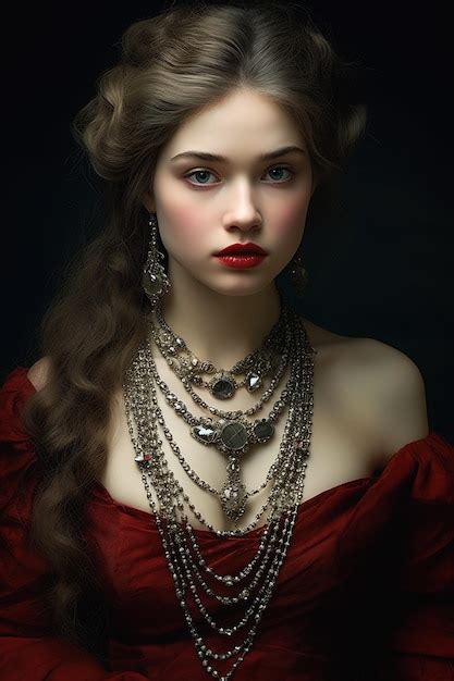 Premium Ai Image Woman Long Hair Wearing Red Dress Necklace Stunning Portraits Porcelain