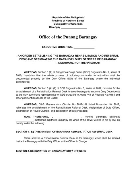 Eo Establishing Barangay Rehabilitation Referral Desk 1 Republic Of