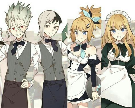 Four Anime Characters Are Dressed In Formal Clothing And Posing For The