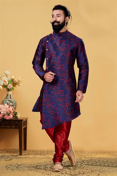 Woven Silk Asymmetric Sherwani In Navy Blue Ucchal Fashion