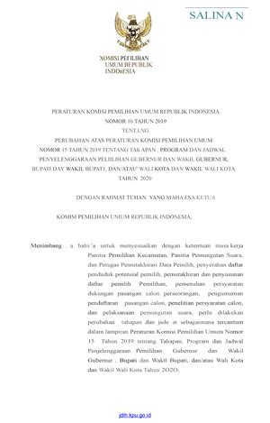 PKPU 19 Tahun 2020 None PERATURAN KOMISI PEMILIHAN UMUM REPUBLIK