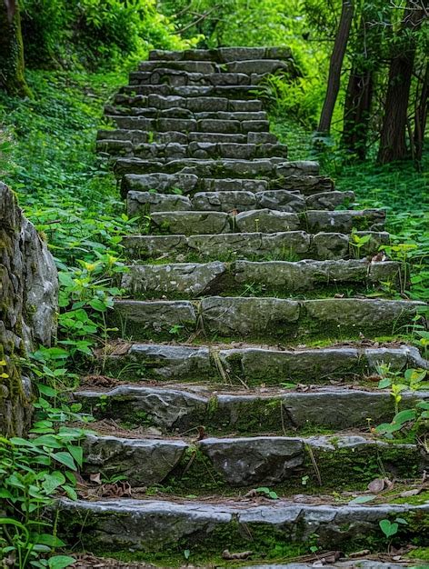 Ancient Stone Staircase In Lush Forest Pathway Premium AI Generated Image