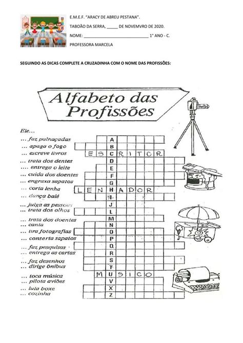 Cruzadinha das profissões worksheet Workbook School subjects