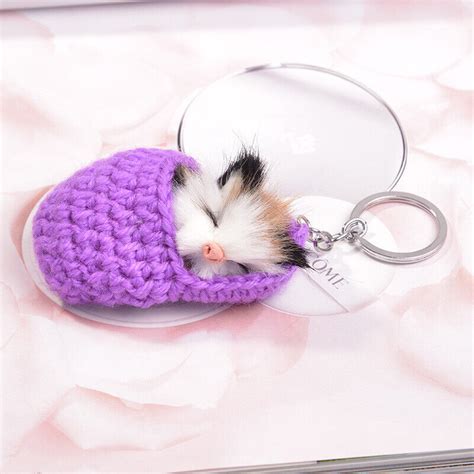 Cute Sleeping Cat Pompom Keychains Rings Car Fluffy Chains Key Kitten