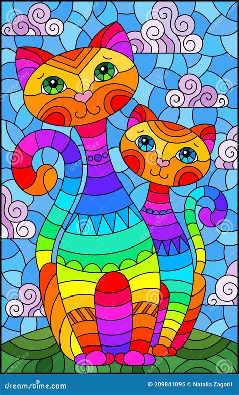 Stained Glass Illustration With A Pair Of Cartoon Cats In A Meadow Against A Cloudy Sky Stock